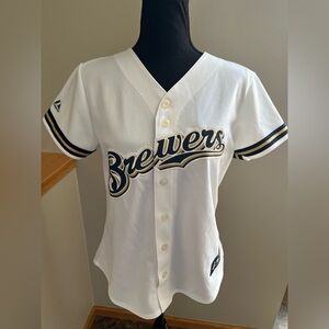 Women’s Majestic MLB Milwaukee Brewers button down white blue gold jersey.